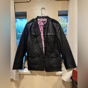 Twiggy LONDON Black Leather Jacket with Pink and Purple Lining